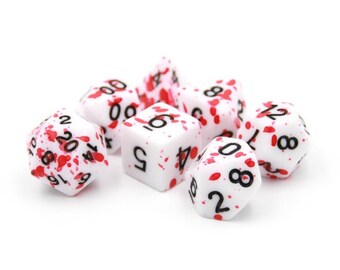 Blood spatter red and white polyhedral dice set - DnD Dungeons & dragons table top role playing dice dungeons and dragons d20 ttrpg