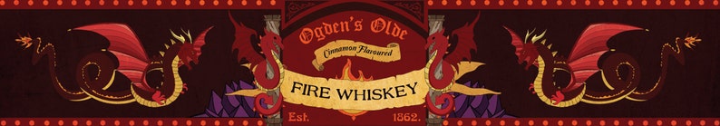 May include: A red and gold label with a dragon design and the text "Ogden's Olde Cinnamon Flavored Fire Whiskey! Est. 1862."