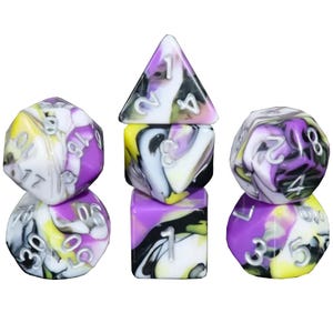 Venom Shake - Purple, black, yellow & white blend design 7 polyhedral dice Set for DnD Dungeons and Dragons and table top role playing games