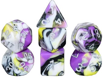 Venom Shake - Purple, black, yellow & white blend design 7 polyhedral dice Set for DnD Dungeons and Dragons and table top role playing games