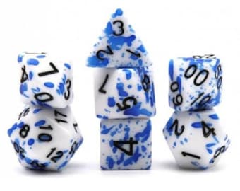 Blood spatter blue and white polyhedral dice set - DnD Dungeons & dragons table top role playing dice dungeons and dragons d20 ttrpg