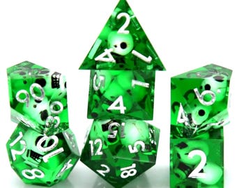 Green Miniature Skull Filled Sharp Edged Polyhedral Dice Set for Dungeons & Dragons