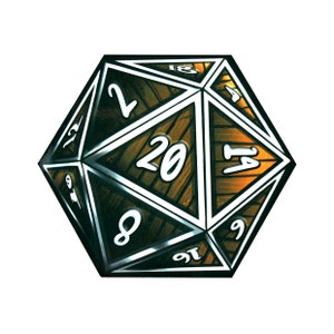 May include: A twenty-sided die with a wood grain pattern and white numbers. The die is black with silver edges.