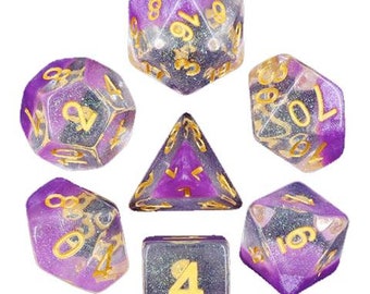 sorcerers stone translucent purple glitter dice set -7 Piece translucent glitter Polyhedral dice Set -  DnD Dungeons and dragons dice set