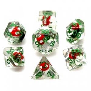 Red Toadstool Dice - Yellow 3D Mini Mushroom Filled Seven Polyhedral Dice Set for DnD, Dungeons and Dragons and Table Top Role Playing Games