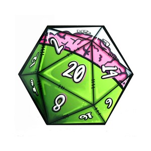 May include: A green 20-sided die with a pink brain inside. The die has numbers 2, 8, 12, 17, 18, 19, and 20 visible.