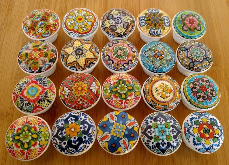 Talavera Spanish Dark Blue Wood Drawer Knob, Mandala Mexican Floral Tile, Nice Tall or Flat Chunky Knobs, Size 1 1/2, Handmade Gifts, Set 2 image 7