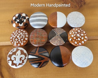 Black White Brown Modern Hand-painted Set 12, Wood Drawer Knob, Retro Style, Dresser Furniture Cabinet,  Unique Gift, Handpainted in USA