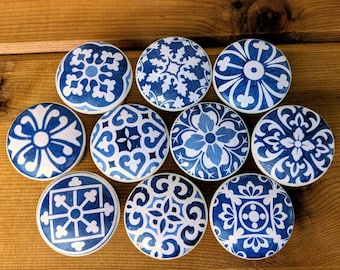 Blue and White Tile Wood Knobs, Drawer Pulls, Spanish, Boho, Country Designs