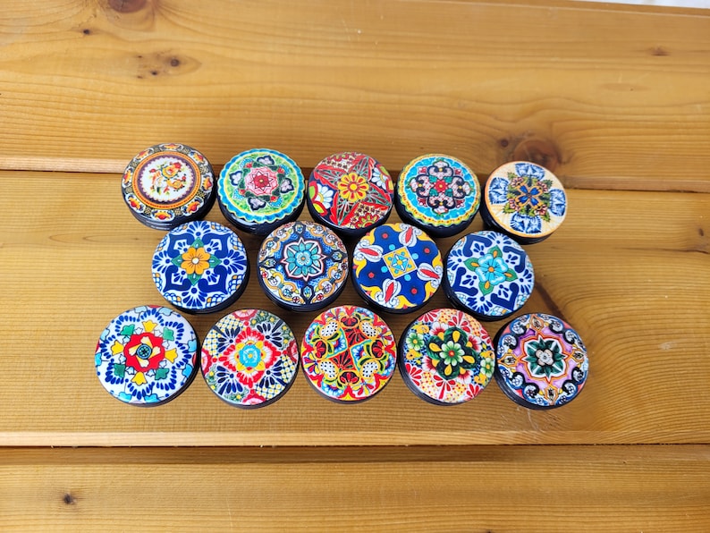 Talavera Spanish Dark Blue Wood Drawer Knob, Mandala Mexican Floral Tile, Nice Tall or Flat Chunky Knobs, Size 1 1/2, Handmade Gifts, Set 2 image 5