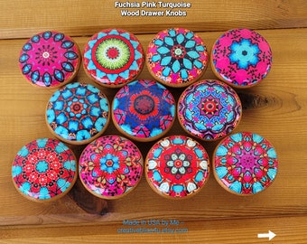 Turquoise Pink Mandala Wood Drawer Knob, size 1.5, Aqua, Blue, Green, Dresser Furniture, Cabinet Door Handle, Handmade Gift by me, USA Set 2