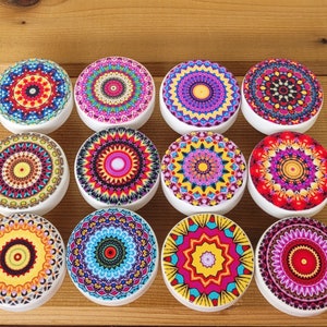 Mandala Bright Colorful Boho Wood Drawer Knob, Size 1.5, Cabinet Dresser Furniture, DixieBelle Paint, Gift for Her Handmade USA, Set 2