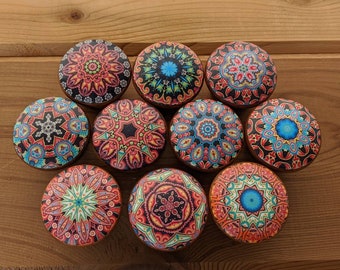 Boho Paisley Black Brown Mandala Wood Drawer Knob, Turquoise, Orange, Housewarming Gift,  Kitchen Cabinet Door, Bedroom Furniture, Set 2