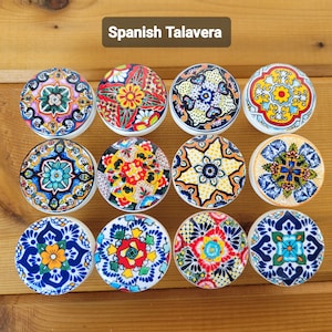 Talavera Spanish Dark Blue Wood Drawer Knob, Mandala Mexican Floral Tile, Nice Tall or Flat Chunky Knobs, Size 1 1/2, Handmade Gifts, Set 2 image 1