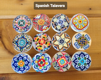 Talavera Spanish Dark Blue Wood Drawer Knob, Mandala Mexican Floral Tile, Nice Tall or Flat Chunky Knobs, Size 1 1/2, Handmade Gifts, Set 2