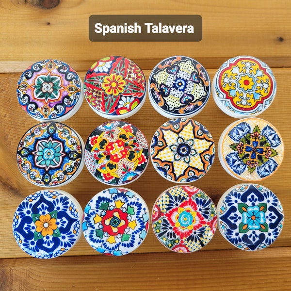 Talavera Spanish Dark Blue Wood Drawer Knob, Mandala Mexican Floral Tile, Nice Tall or Flat Chunky Knobs, Size 1 1/2, Handmade Gifts, Set 2