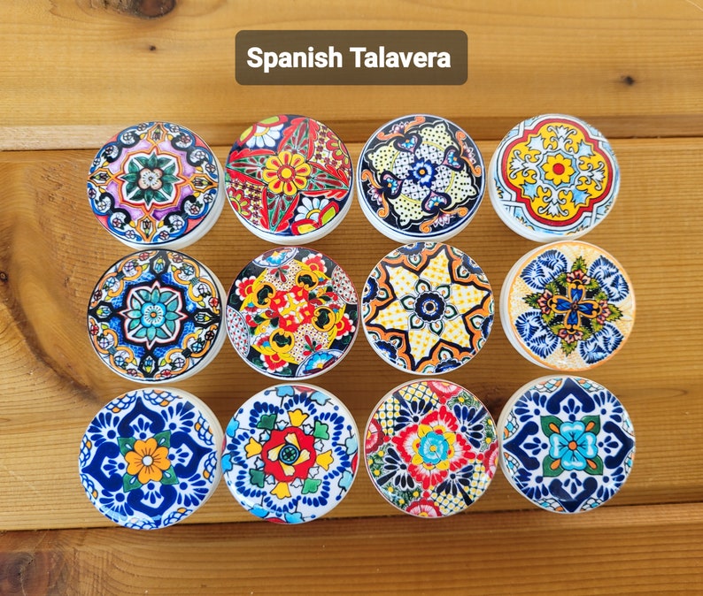 Talavera Spanish Dark Blue Wood Drawer Knob, Mandala Mexican Floral Tile, Nice Tall or Flat Chunky Knobs, Size 1 1/2, Handmade Gifts, Set 2 image 1