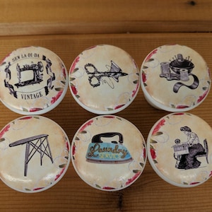 Vintage Sewing & Laundry Pattern Drawer Knobs Handcrafted Wood Drawer Pull for Sewing Room Accessories Decor