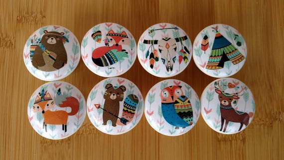 1.5/" Dresser Knobs 6 Distressed Woodland Animal Wood Knobs Nursery Decor