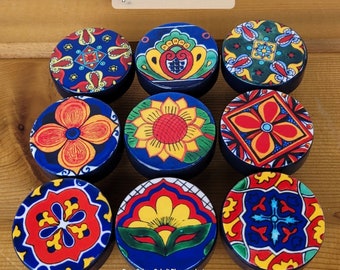 Spanish Terracotta Wood Knob, Cobalt Blue Orange Red Brilliant Colors, Set 2, Cabinet Dresser Pulls, Mexican Tile Patterns, Handmade USA