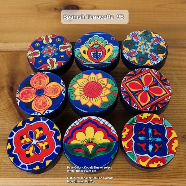 Spanish Terracotta Wood Knob, Cobalt Blue Orange Red Brilliant Colors, Set 2, Cabinet Dresser Pulls, Mexican Tile Patterns, Handmade USA