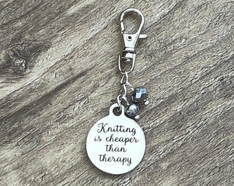 Knit Progress Marker, Zipper Pull, Knitting is Cheaper Than Therapy Charm, Purse Charm, Knit WIP Marker, Stitch Marker, Removable Marker