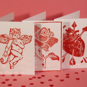 Lino printed Valentine&#39;s Cards - Cherub, Rose, and Heart designs