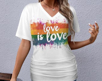 Kärlek är kärlek Pride-tröja – Rainbow Paint Splash V-ringad tröja