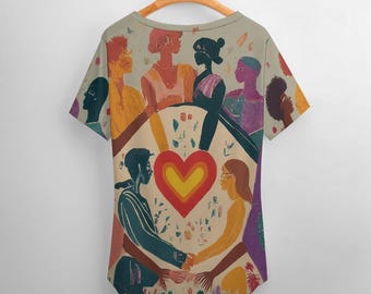 Boho Love & Unity Art T-shirt – Abstrakt hjärtmönster, V-ringad t-shirt med avslappnad passform