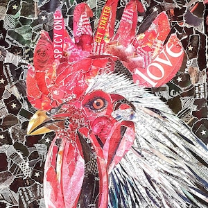 Cockeral chicken art Signed collage print,  Violet Von Riot
