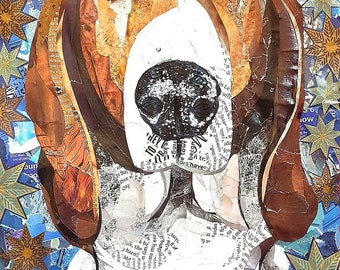 May include: A collage artwork of a dog's face, created with colourful paper scraps. The dog has brown and white fur, and the background is a blue and gold pattern of stars.