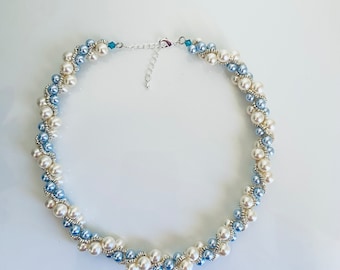 Unique Design Handmade Swarovski Braided Beaded Pearl Necklace Blue Crochet Necklace