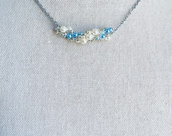 Unique Design Pearl Necklace Swarovski Braided Pearl Beads Motif Blue and White Crochet Necklace