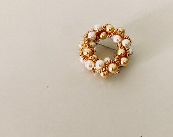 Unique Design Handmade Swarovski Pearl Gold/white wreath brooch Crochet