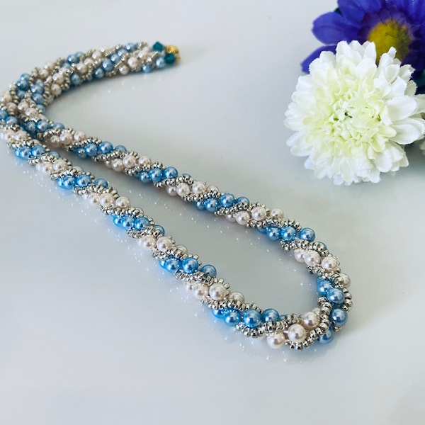 HandmadeCrochet-Faux Pearl Necklace Crystal  Something Blue / blue / white.. Komorebi