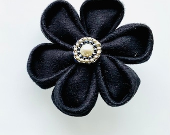 HandmadeKanzashi Flower  Fabric Brooch Black Suede Small