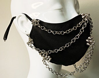 The Xerxes Mask, Silver - Studded Black Cotton Fashion Mask, Nose Wire, Triple Layered, Washable, Reusable, Made in the USA, Free Shipping