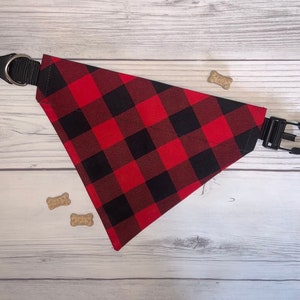 May include: Red and black buffalo plaid dog bandana with a black adjustable collar clip.