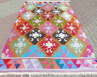 60s Turkish Antalya Kilim, Boho Area Rug, Multicolor Rug, Rugs For Livingroom, Home Decor, Natural Wool Handwoven Floor Kelim 64x110 inches