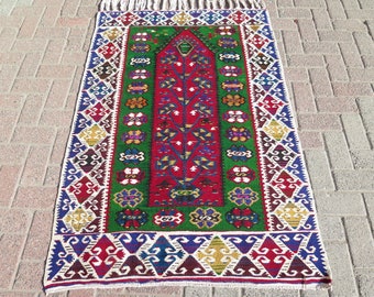 3.4 ft x 5.1 ft Vibrant Colors Vintage Turkish Handmade Small Area Aesthetic Moroccan Kilim oriental persian tribal navajo accent kilim rug
