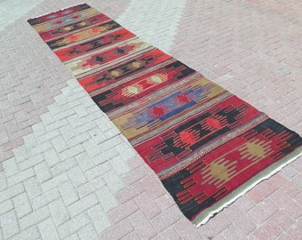 Extra Long Kilim Runner Rug, Carpet Runner, Stairs Rug, Red Color Handmade Rug Runner, Kelim Runner, Hallway Rug, Corridor Rug 43x176 inches
