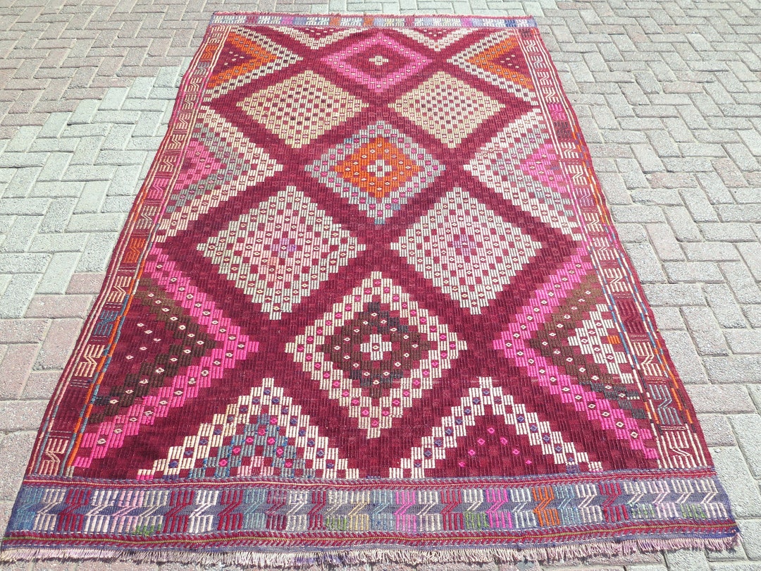 60s Turkish Large Hot Pink Kilim Rug, Area Rug, Handmade Rug, Rug for