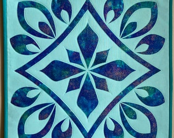 Quilted Wall Hanging, Blue, Green, and Purple, Modern Appliqué, 18.5” Square