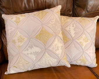 Decorative Pillow, Gray, Pink, Silver, and Gold, Cathedral Window pattern, 16” cover for 18” pillow form