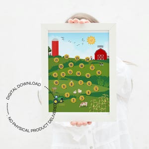 May include: A framed, colorful farm-themed print featuring a red barn, silo, and a smiling sun. The print has numbered gold coins scattered across a green field, with farm animals and a tractor. Text on the print reads "DIGITAL DOWNLOAD" and "NO PHYSICAL PRODUCT DELIVERED".