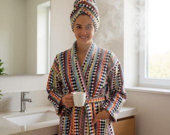 Hand Woven Turkish Terry Bathrobe, Pompom Design Unisex Cotton Spa Robe