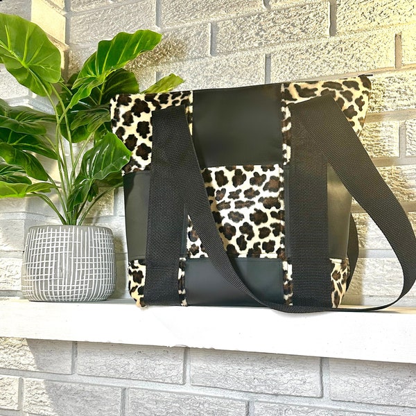 Faux Cheetah and Vinyl Patchwork Tote Bag With Zipper