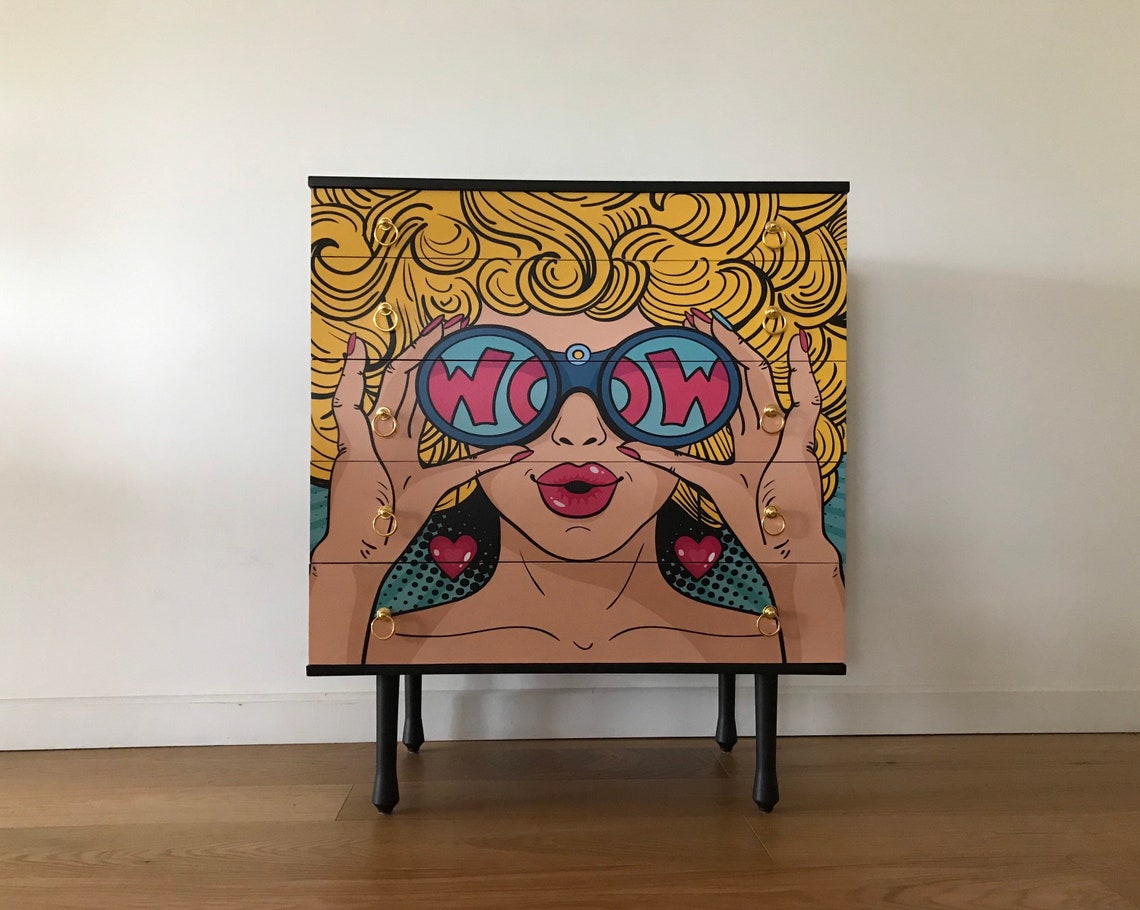 SOLD' Upcycled Midcentury Avalon 5 Cajón cofre con Pop Art | Etsy
