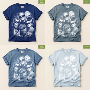 The image is a collage of four images, each featuring a different design of a t-shirt with a group of people and various elements, such as skulls, bats, and other symbols.