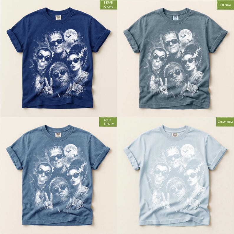 The image is a collage of four images, each featuring a different design of a t-shirt with a group of people and various elements, such as skulls, bats, and other symbols.